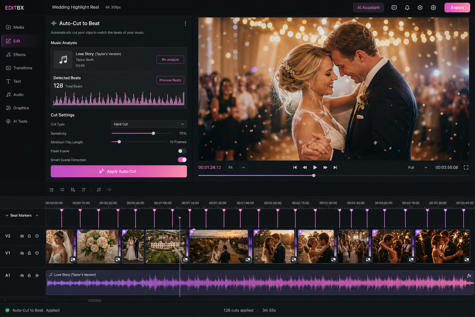 EDITBX AI Auto-Cut to Beat assembling a wedding highlight reel