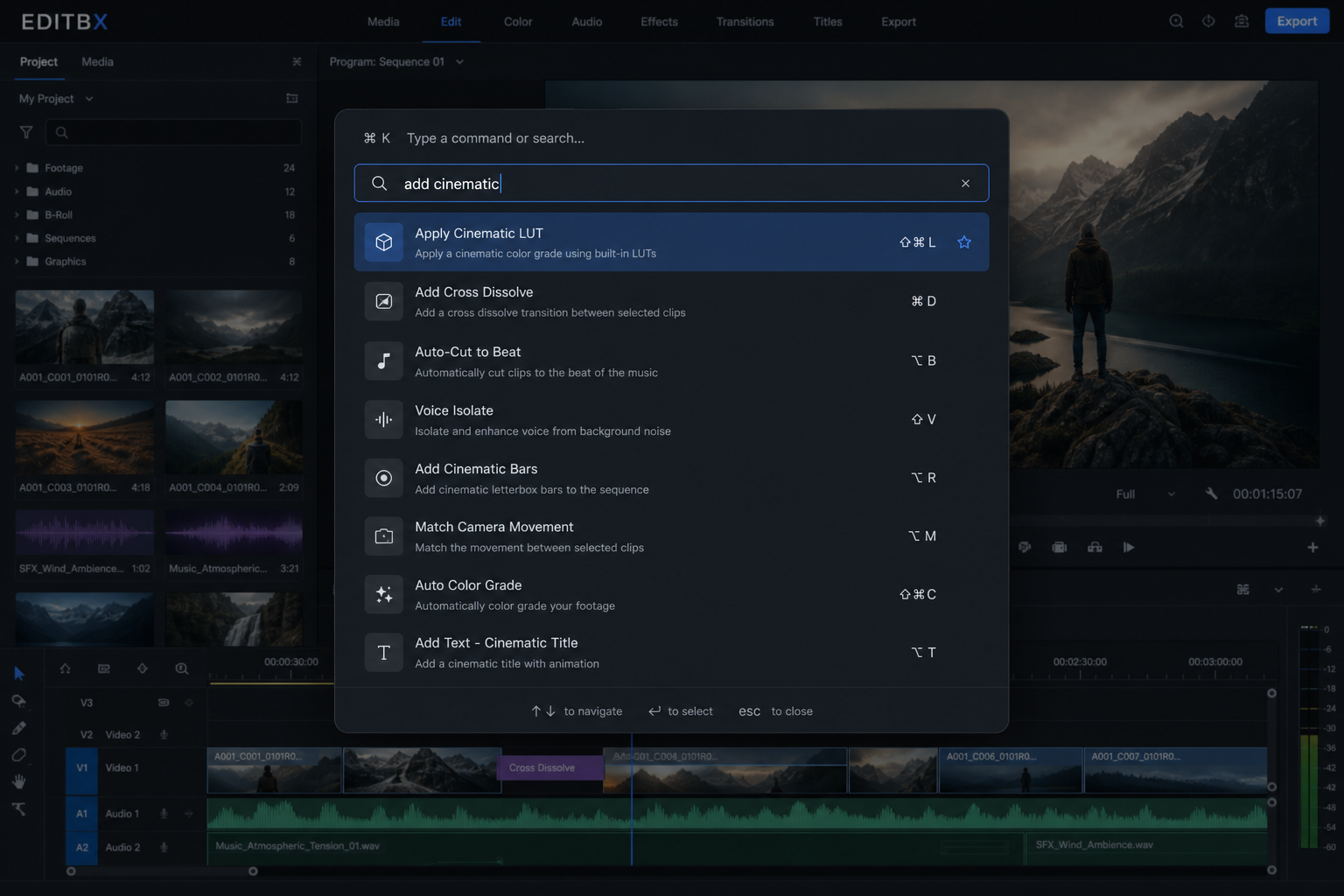 EDITBX Command Palette with searchable actions